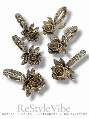 PRINCESS HOUSE VINTAGE Set of 6 Napkin Rings Silver Tone Style Rose Design 1950s